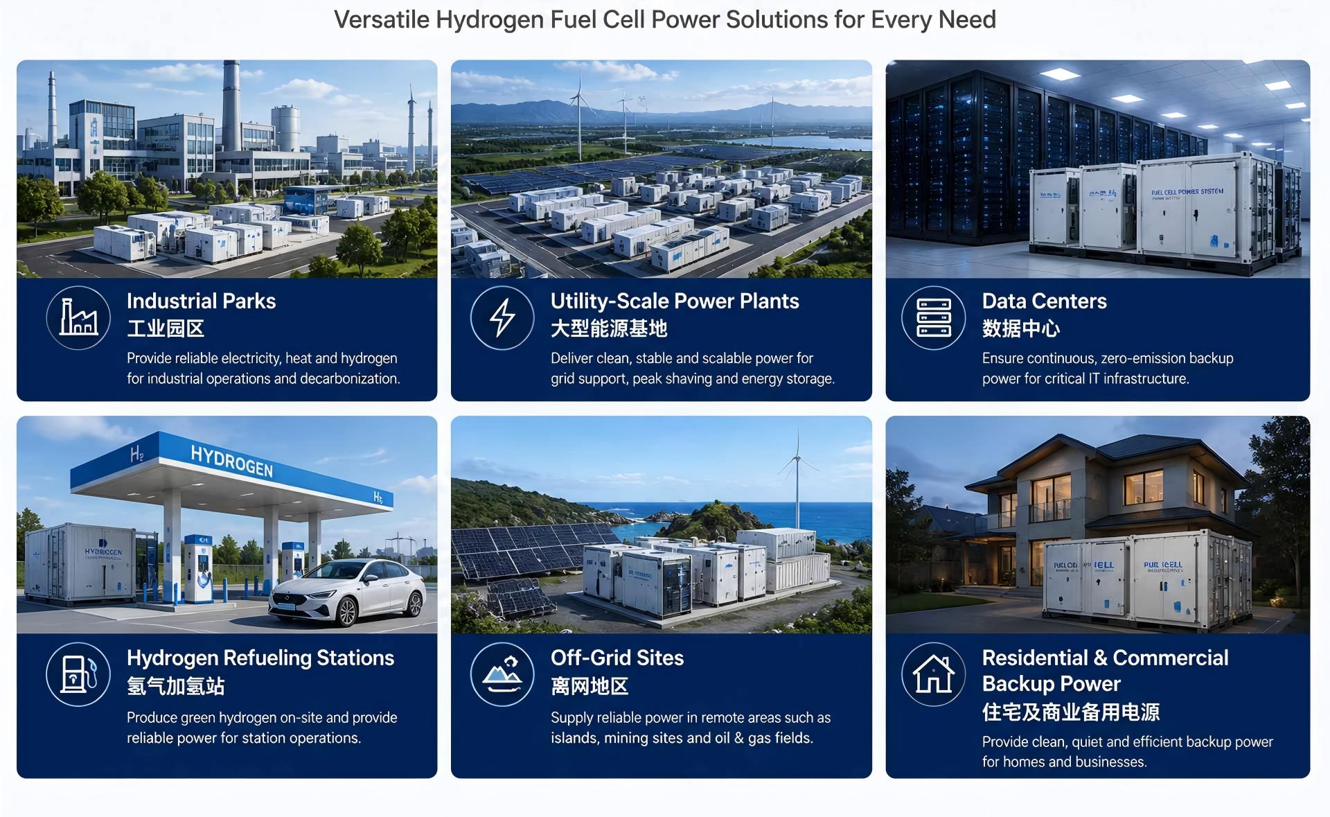 Application Scenarios Collage of Hydrogen Fuel Cell Generator, Multi-scene Zero-carbon Power Supply for Industrial Parks, Utility-Scale Power Plants, Data Centers, Hydrogen Refueling Stations, Off-grid Areas and Residential Commercial Backup Power